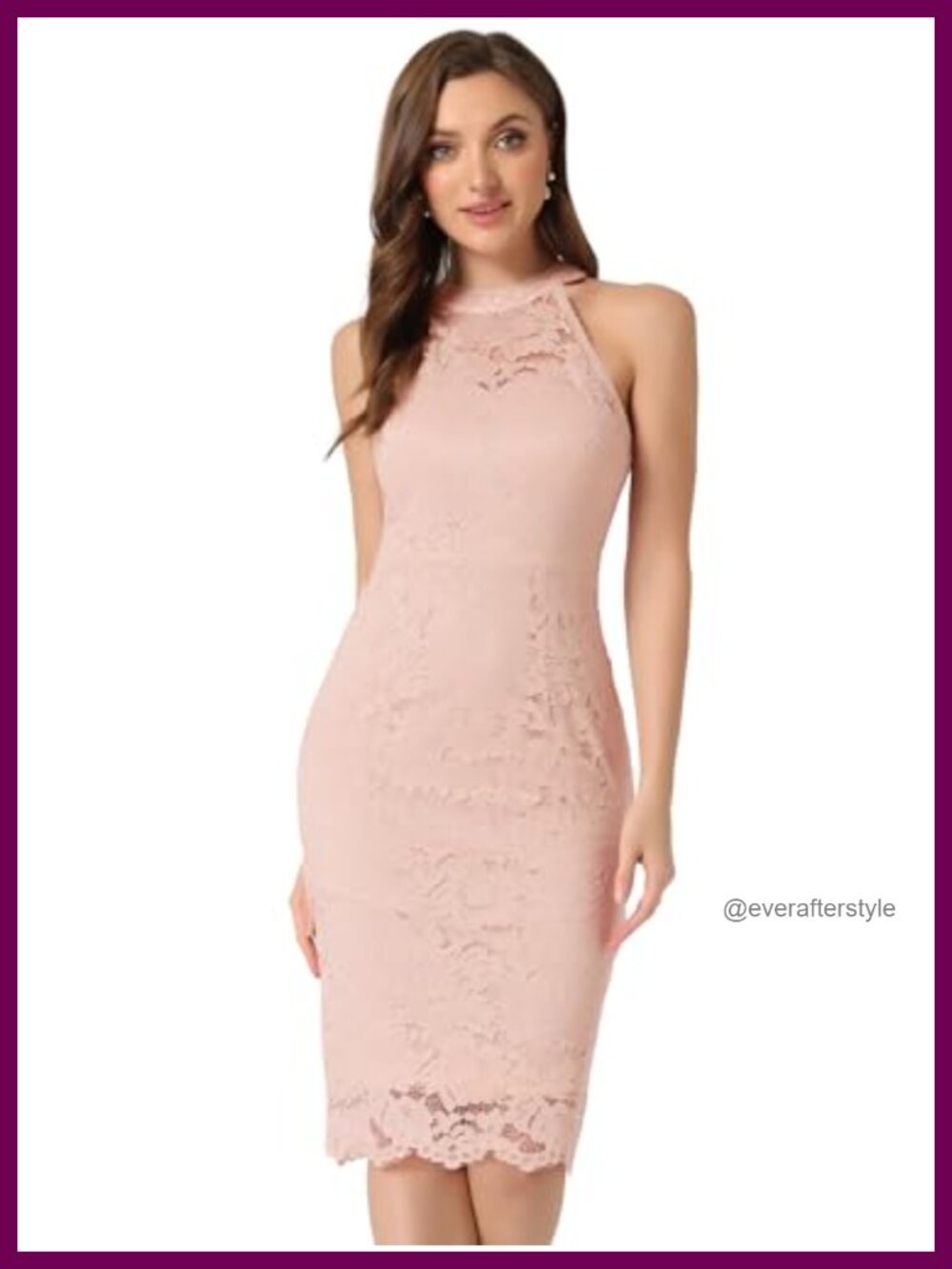Sleeveless Lace Floral Sheath Bodycon Dress Halter Neck Knee Length Cocktail